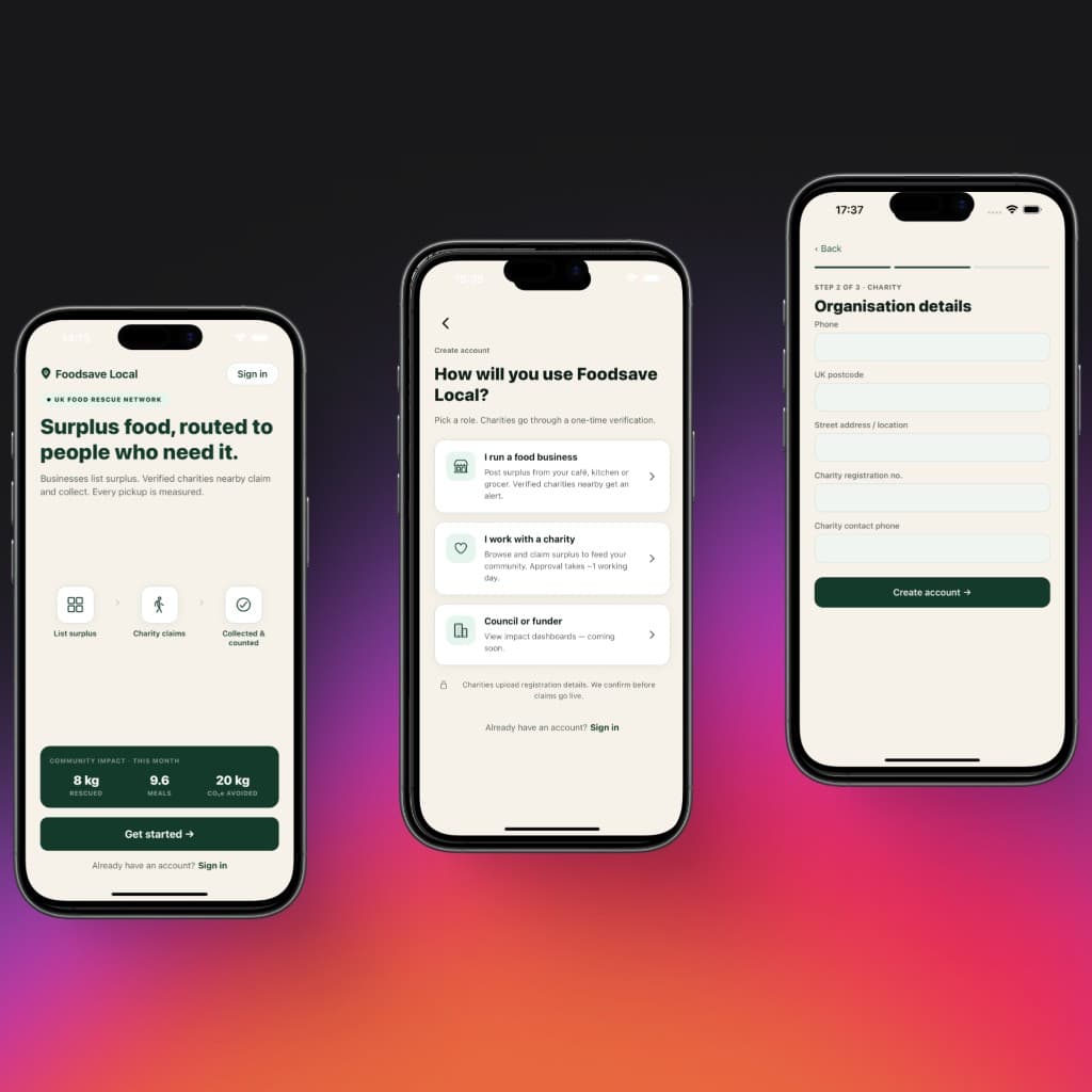 FoodSave Local onboarding flow across three screens